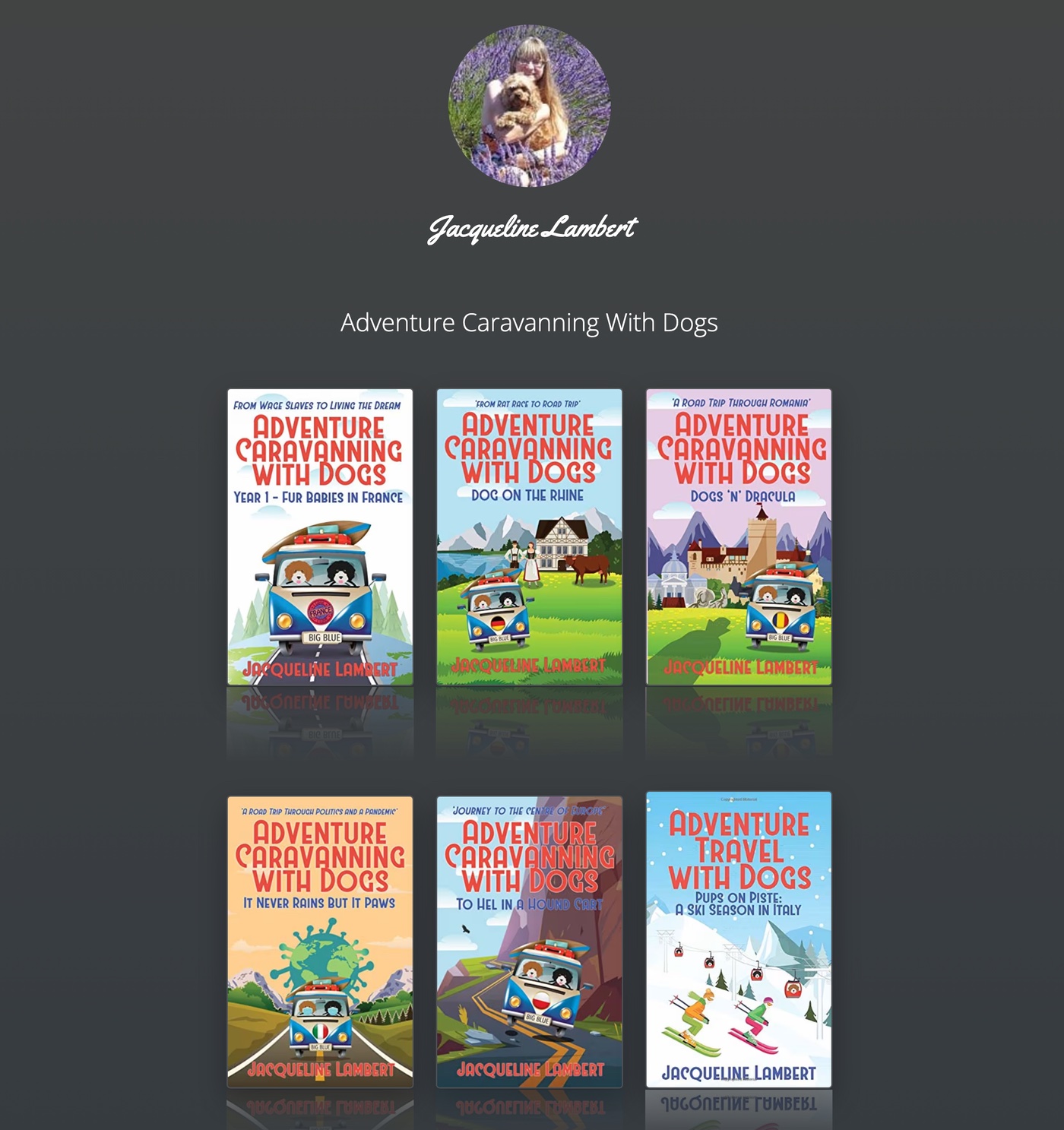 The Adventure Caravanning With Dogs Booklinker Collection, with the author’s avatar and six books